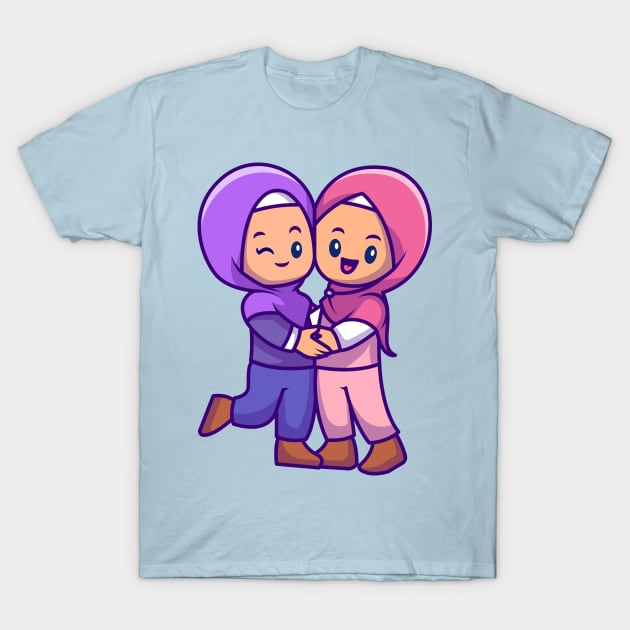 Couple Girl Moslem Celebrating Eid Mubarak Cartoon T-Shirt by Catalyst Labs